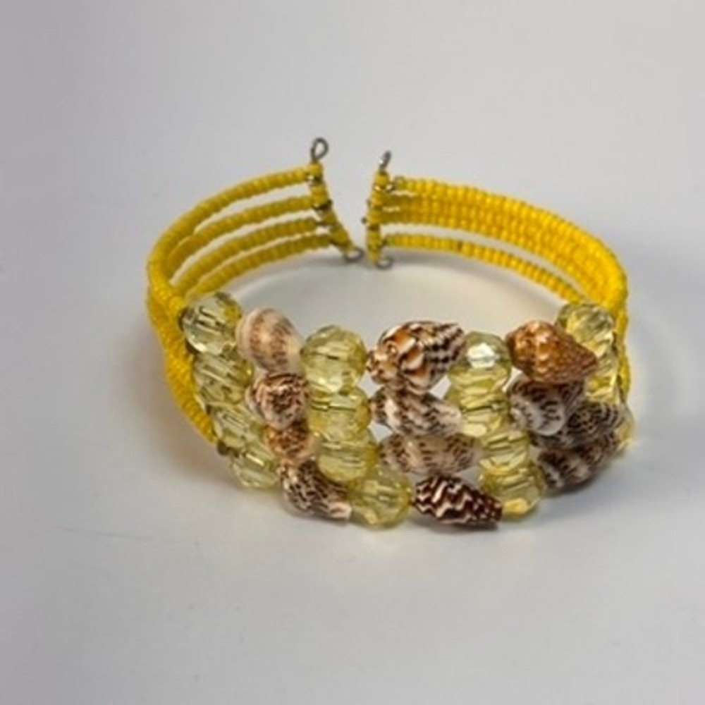 Beaded Shell Cuff Bracelet Yellow Boho Coastal Cowrie Shell Statement Jewelry